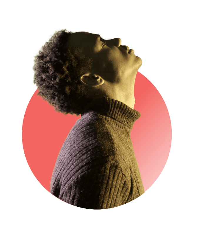 Professional woman looking upward with natural curly hair